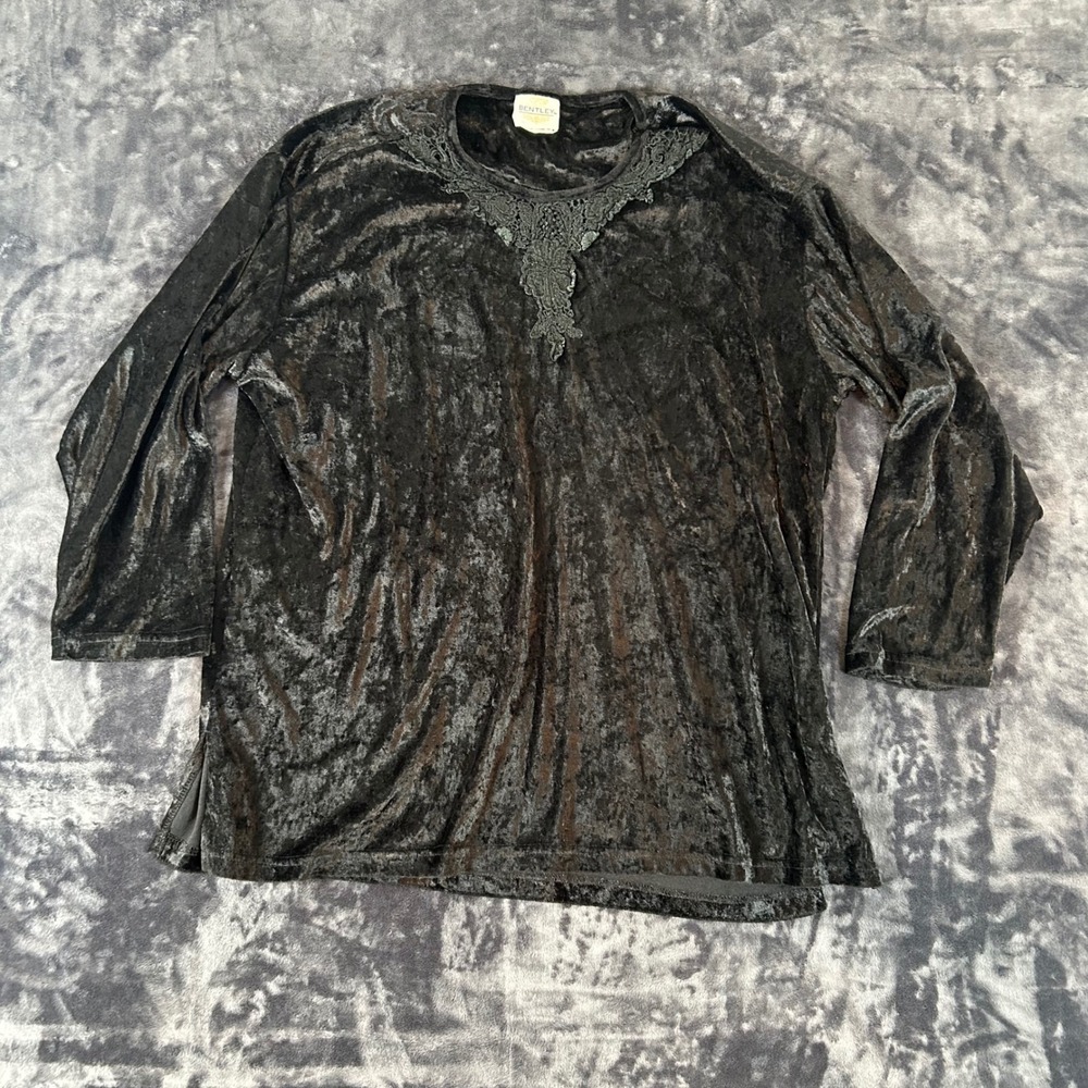 Bentley Velvet Blouse Womens XL Black Lace Trim Crushed Long Sleeve Tunic Top